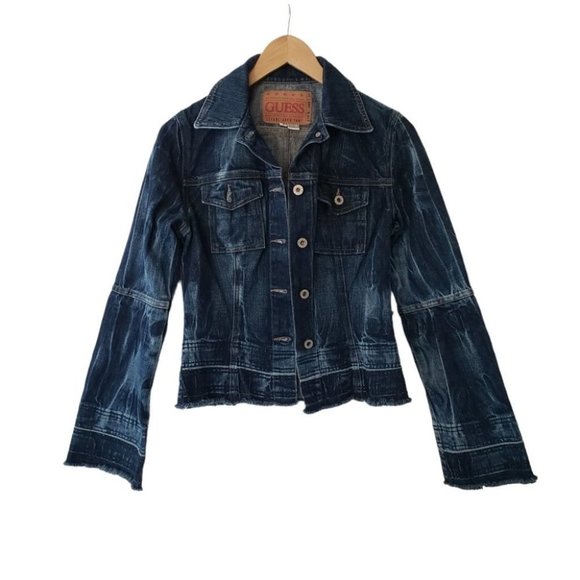 Guess denim jacket undone raw hem flared sleeve dark wash sz S - Picture 1 of 8